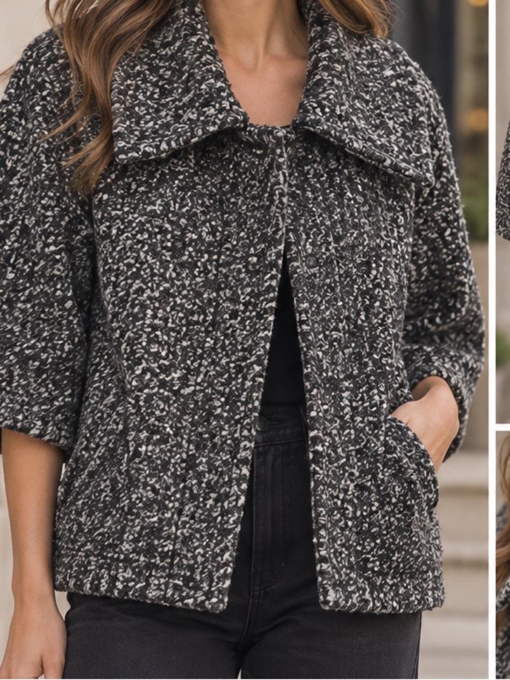 Textured Black & White Bouclé Jacket - Women's Coat